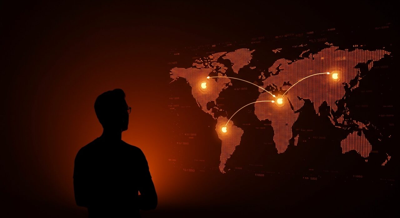 Fundador tecnológico observando redes de cadena de suministro entre China y EE.UU. con enfoque en Apple y estrategia global.