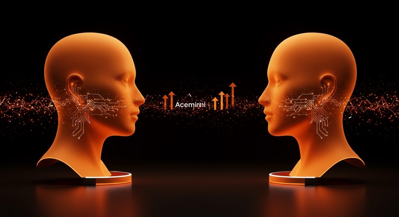 Integración de Gemini de Google en la nueva Siri de Apple representada con asistentes IA fusionados y datos luminosos en colores naranja y negro de Ecosistema Startup.