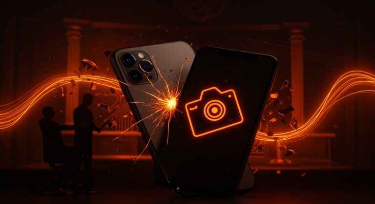 Impacto de la negociación fallida entre Apple y Halide en la tecnología de cámaras móviles del iPhone 18 Pro con escenas abstractas de conflicto y avance tecnológico.