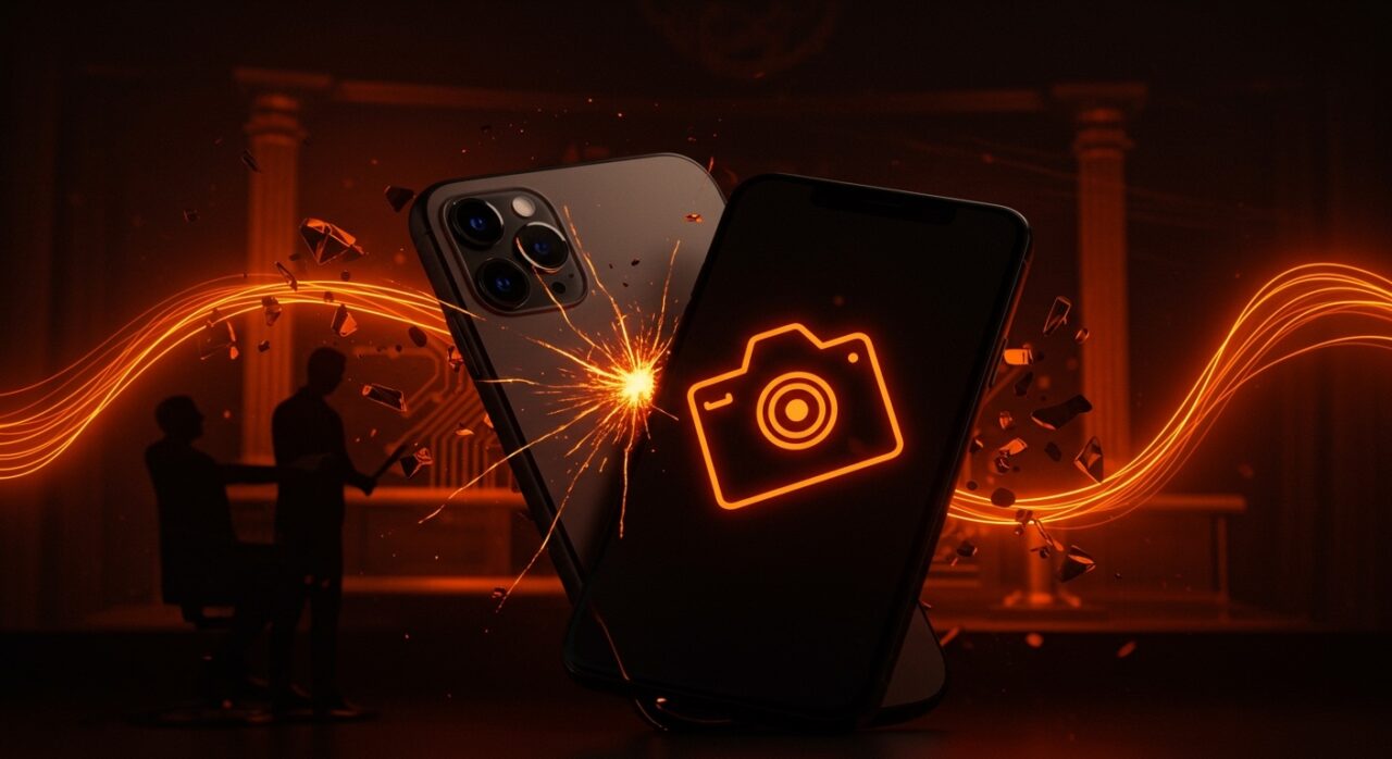 Impacto de la negociación fallida entre Apple y Halide en la tecnología de cámaras móviles del iPhone 18 Pro con escenas abstractas de conflicto y avance tecnológico.