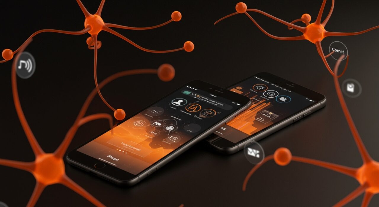 Dispositivo Apple con interfaz holográfica y redes neuronales en tonos naranja y negro simbolizando la inteligencia artificial y la colaboración tecnológica con Google.