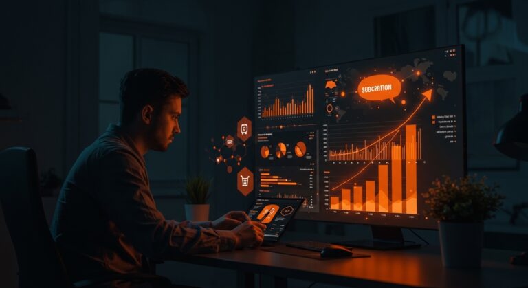 Dashboard digital con métricas de Apple App Store Connect mostrando datos de monetización y suscripciones para founders de apps.