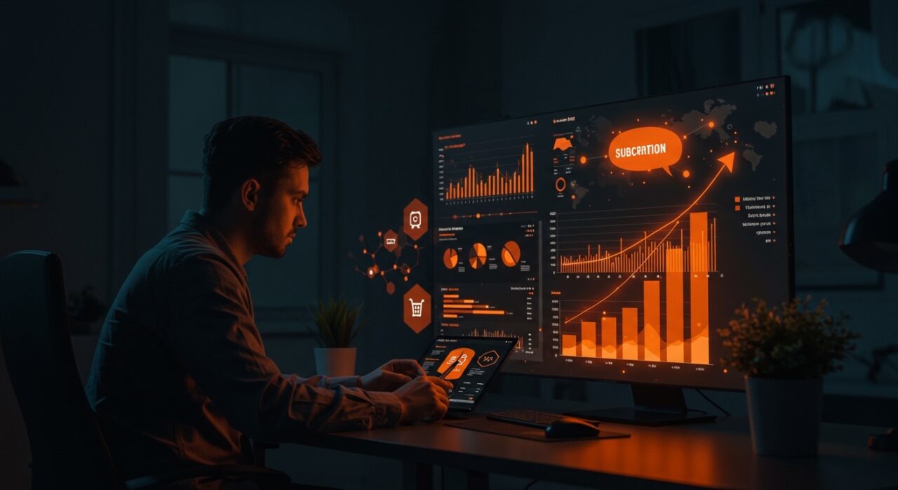 Dashboard digital con métricas de Apple App Store Connect mostrando datos de monetización y suscripciones para founders de apps.