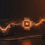 MacBook Air y MacBook Pro con chip Apple M5 mostrando inteligencia artificial local para startups, en un ambiente tecnológico moderno con iluminación naranja y negra.