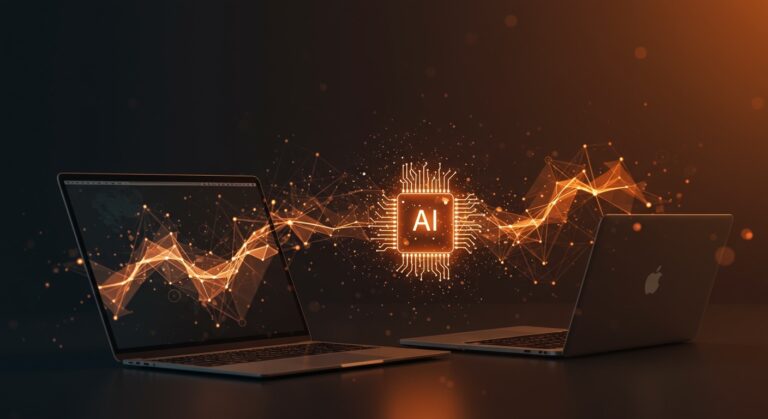 MacBook Air y MacBook Pro con chip Apple M5 mostrando inteligencia artificial local para startups, en un ambiente tecnológico moderno con iluminación naranja y negra.