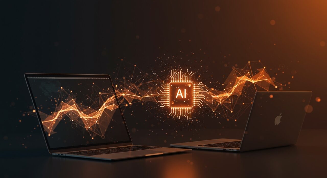 MacBook Air y MacBook Pro con chip Apple M5 mostrando inteligencia artificial local para startups, en un ambiente tecnológico moderno con iluminación naranja y negra.