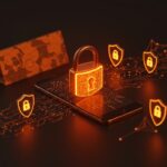 Lockdown Mode de Apple protegiendo datos y bloqueando spyware en un entorno digital seguro para startups.