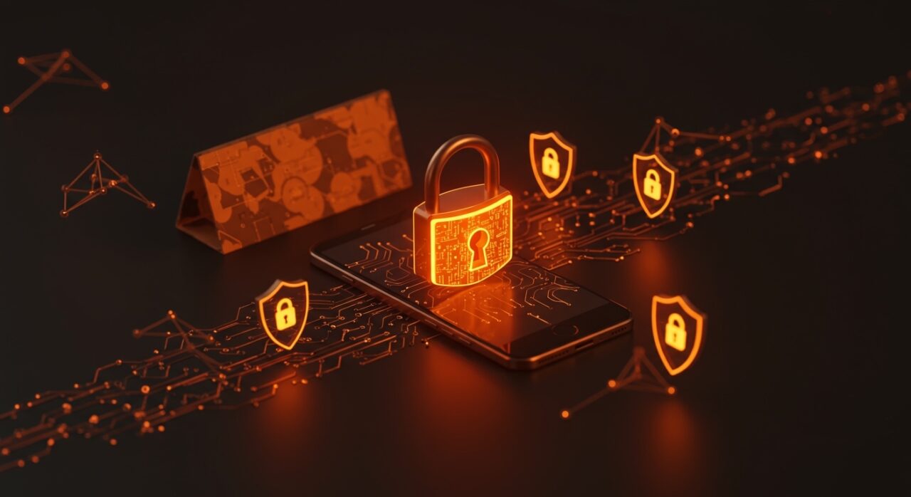 Lockdown Mode de Apple protegiendo datos y bloqueando spyware en un entorno digital seguro para startups.