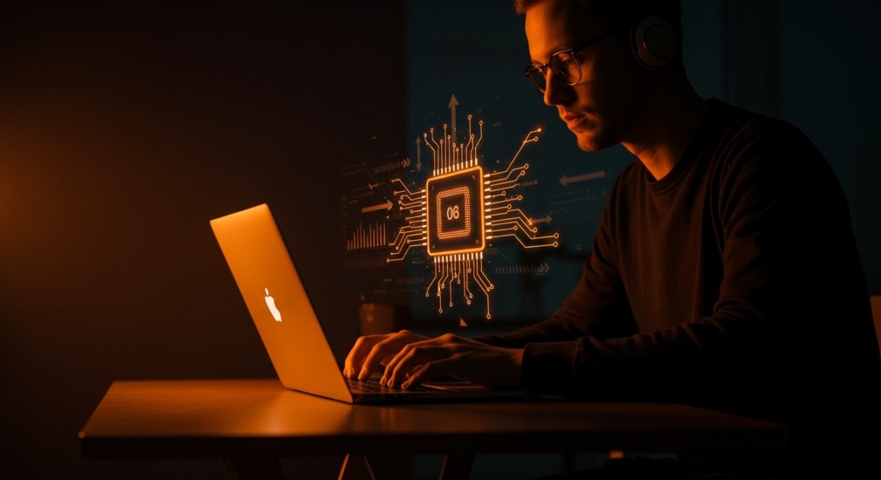 Apple MacBook Neo en un espacio de trabajo moderno, representando rendimiento, chip móvil y ventajas tecnológicas para startups.