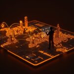 Publicidad digital en Apple Maps representada por un fundador analizando mapas digitales y oportunidades de monetización para startups LATAM.