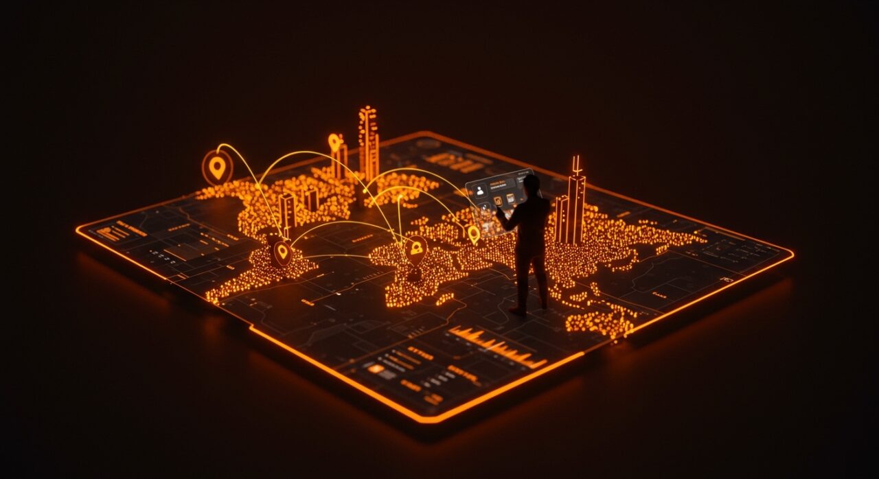 Publicidad digital en Apple Maps representada por un fundador analizando mapas digitales y oportunidades de monetización para startups LATAM.