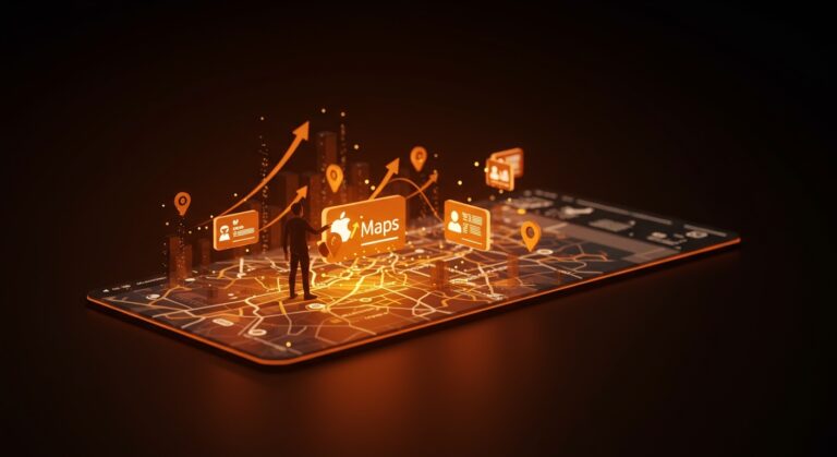 Interacción de una startup con publicidad digital en Apple Maps, destacando oportunidades en marketing y adquisición de usuarios.