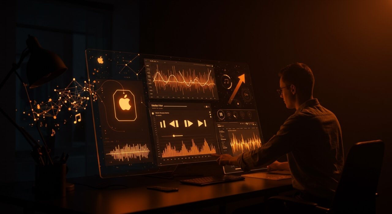 Apple Music mostrando etiquetas de transparencia para música generada por IA en un entorno tecnológico moderno para founders tech en 2026.