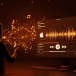 Interfaz digital futurista mostrando playlist de Apple Music creada por inteligencia artificial en contexto de personalización musical y herramientas AI.