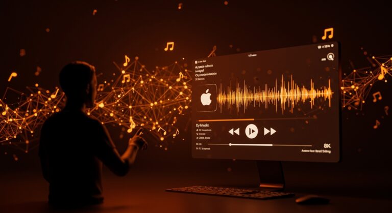 Interfaz digital futurista mostrando playlist de Apple Music creada por inteligencia artificial en contexto de personalización musical y herramientas AI.