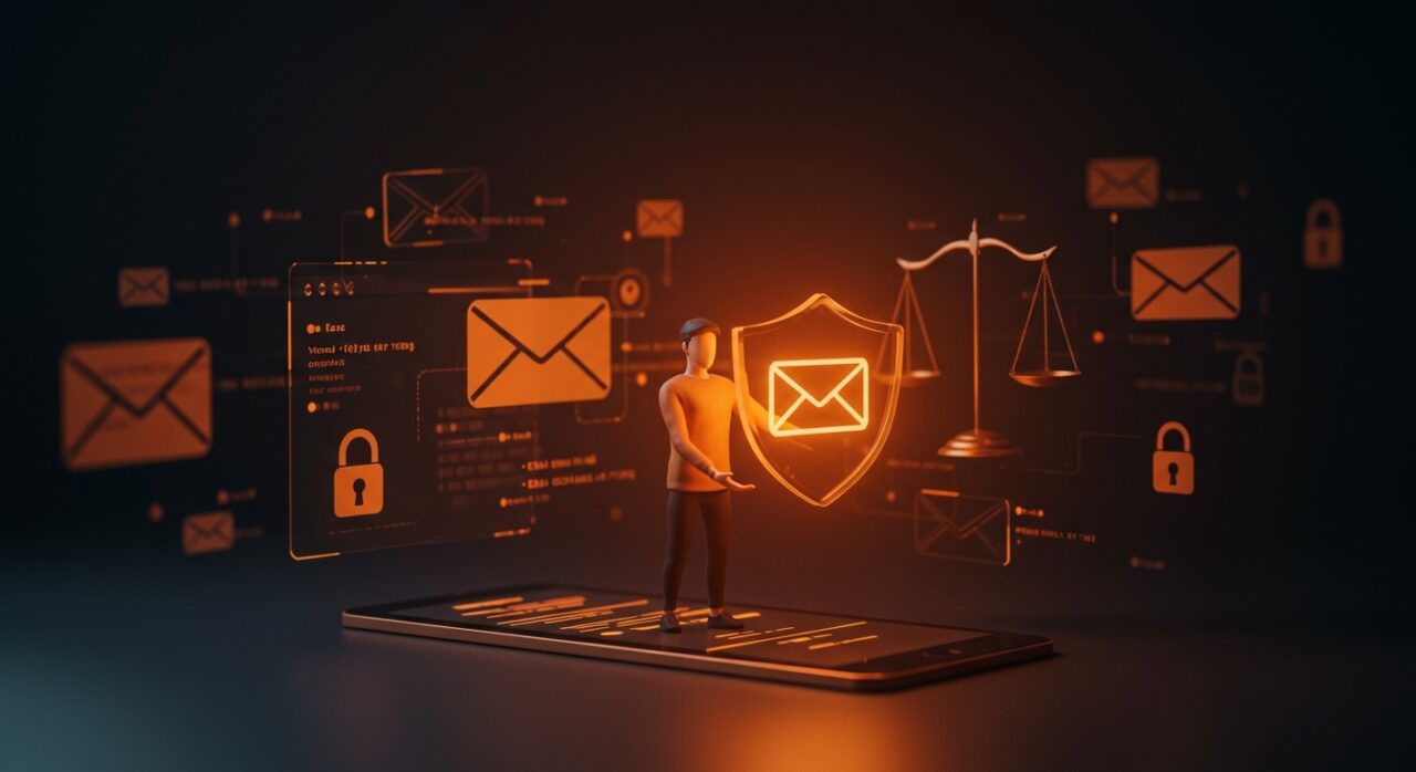 Startup protegida por privacidad de email en entorno Apple, mostrando seguridad y límites legales en tecnología y apps.