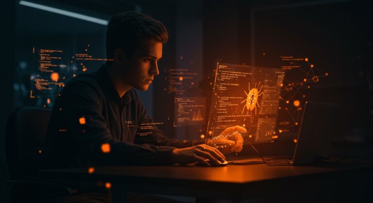 Desarrollador revisando reportes de bugs en un entorno tecnológico avanzado, reflejando la gestión de calidad de software en el ecosistema Apple.