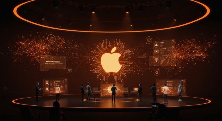 Escena futurista en la WWDC 2026 de Apple mostrando desarrolladores y emprendedores interactuando con inteligencia artificial y nuevas tecnologías.