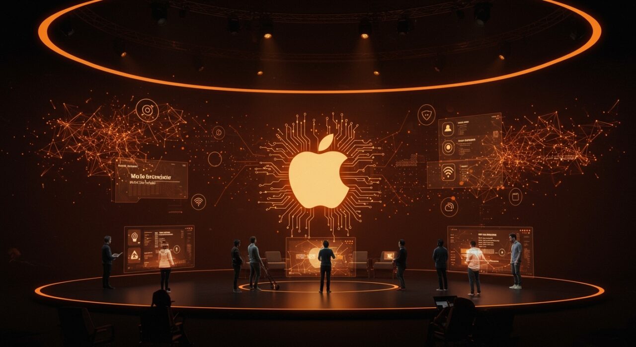 Escena futurista en la WWDC 2026 de Apple mostrando desarrolladores y emprendedores interactuando con inteligencia artificial y nuevas tecnologías.