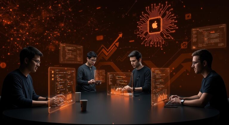 Desarrolladores colaborando en interfaces holográficas durante Apple WWDC26, destacando innovación en inteligencia artificial y software para startups.