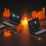 Ilustración de desarrollo de apps nativas 2025 con GNOME, WinUI 3, SwiftUI y Compose en un contexto de tendencias de mercado y frameworks multiplataforma.