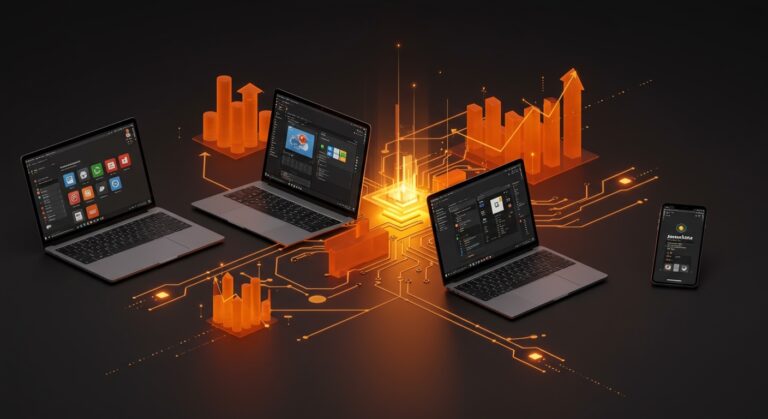 Ilustración de desarrollo de apps nativas 2025 con GNOME, WinUI 3, SwiftUI y Compose en un contexto de tendencias de mercado y frameworks multiplataforma.