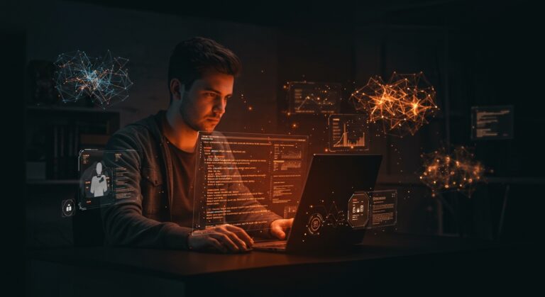 Founder utilizando la plataforma Claude Code para aprender automatización e IA aplicada mediante simulaciones interactivas y ejercicios prácticos.