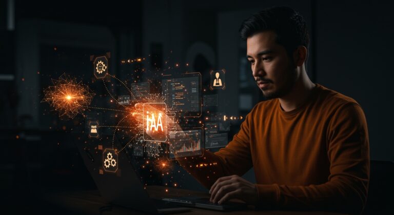 Fundador de startup latinoamericano aprendiendo Claude Code con interfaz interactiva y metáforas visuales de IA aplicada y automatización para escalar startups en LATAM.