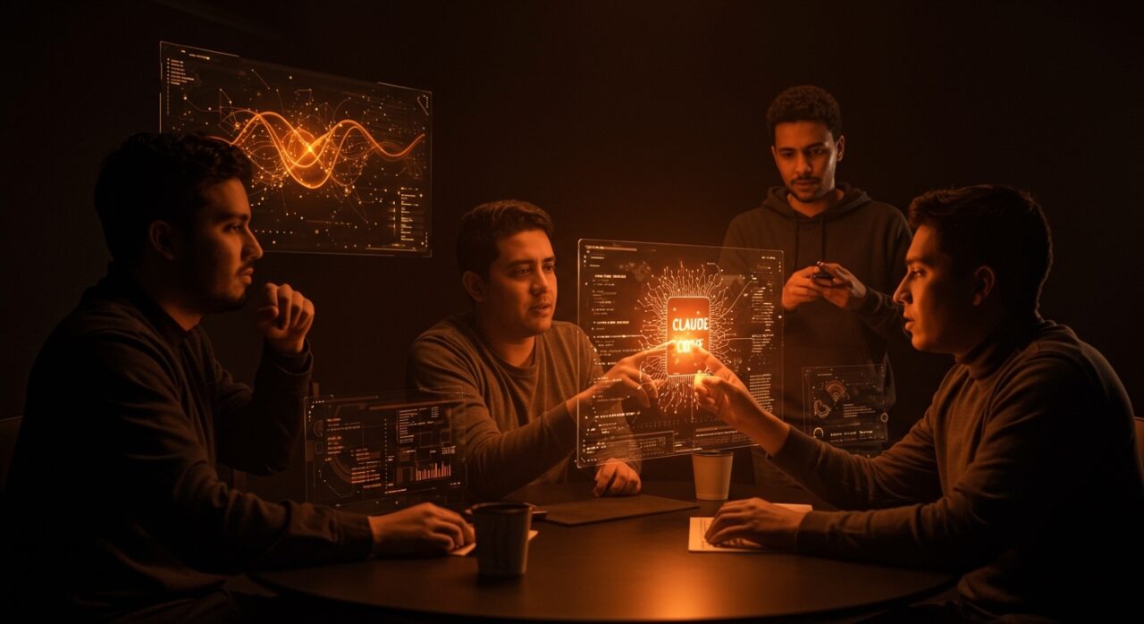 Founders LATAM utilizando Claude Code de Anthropic para IA aplicada y automatización en startups, en una escena tecnológica futurista con redes neuronales abstractas.