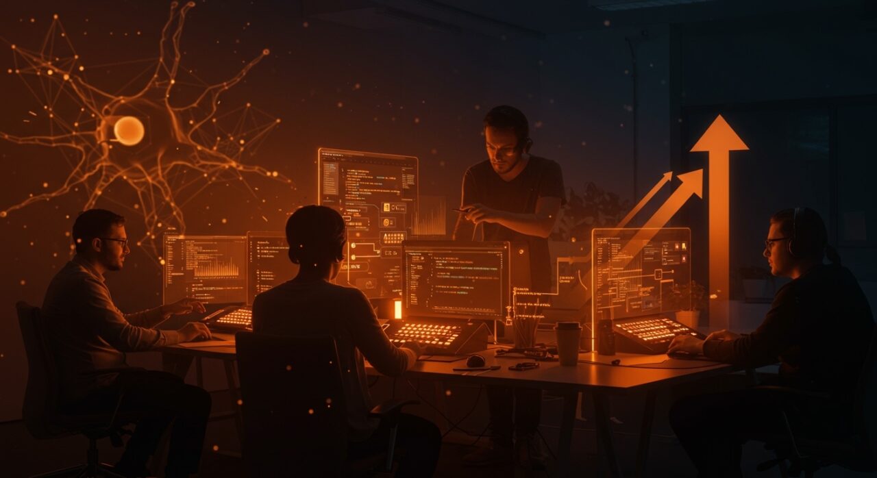 Fundadores tech colaborando con Claude Code en programación interactiva y automatización IA para startups LATAM.