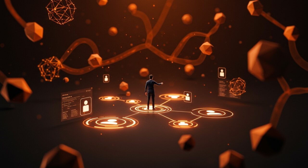 CEO de Okta y agentes AI en ilustración futurista que representa la gestión de identidad digital y seguridad en SaaS con tecnología innovadora para startups LATAM.