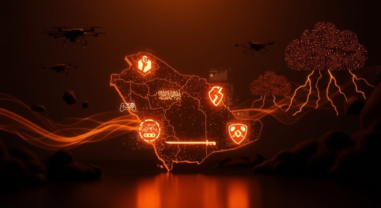 Inversión de 38 mil millones en gaming en Arabia Saudí frente a las amenazas geopolíticas con Irán, representada con iconografía digital y drones en sombra.