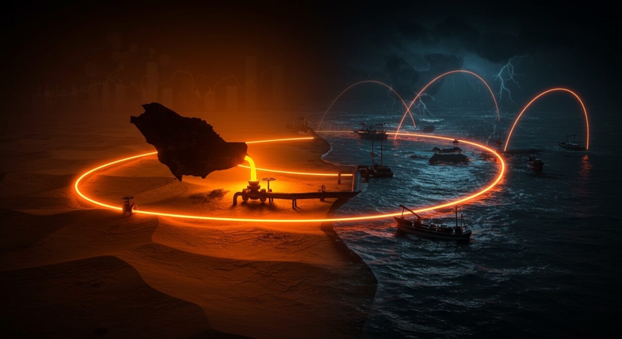 Oleoducto East-West de Arabia Saudí esquivando el bloqueo iraní en el Estrecho de Ormuz, visualización de infraestructura energética y geopolítica en el mercado global.