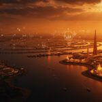 Lago artificial en NEOM, Arabia Saudí, representando innovación, megaproyectos y desarrollo futurista en tecnología e infraestructura.