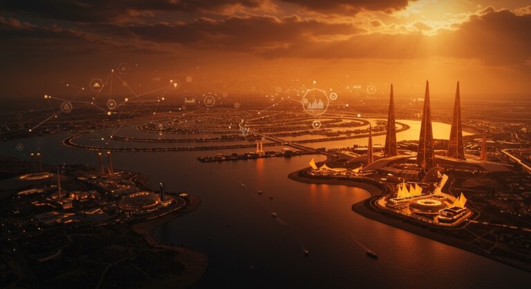 Lago artificial en NEOM, Arabia Saudí, representando innovación, megaproyectos y desarrollo futurista en tecnología e infraestructura.