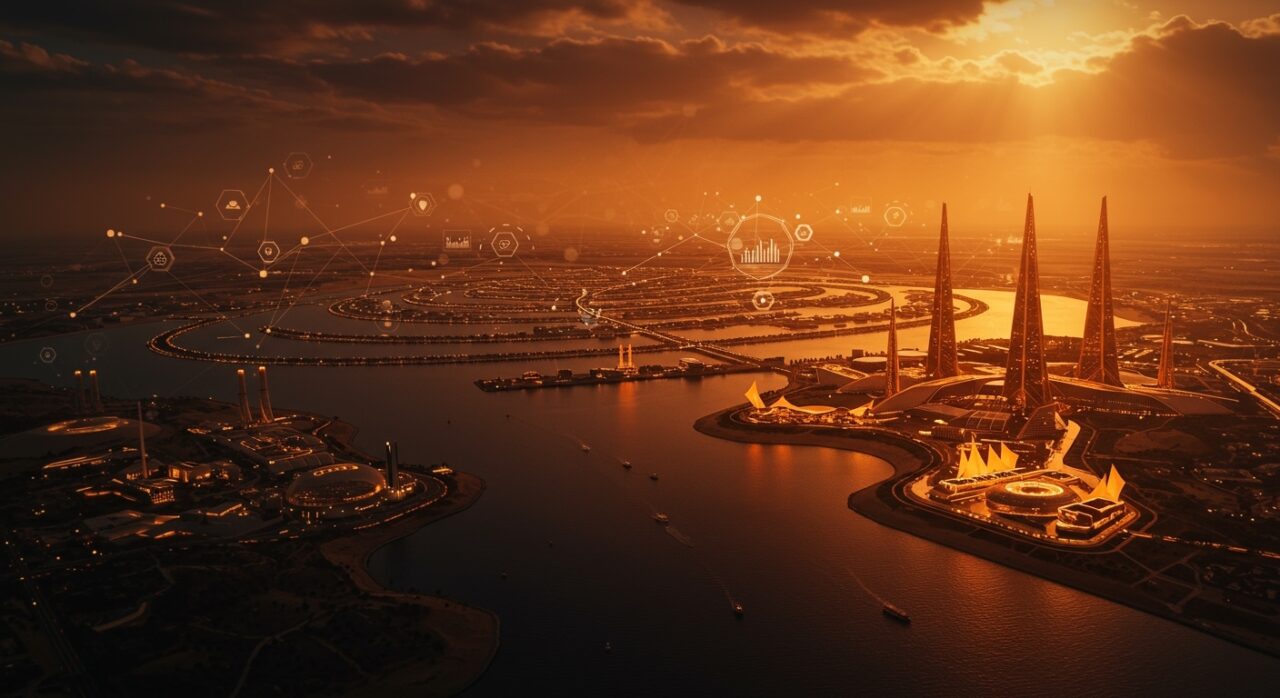 Lago artificial en NEOM, Arabia Saudí, representando innovación, megaproyectos y desarrollo futurista en tecnología e infraestructura.