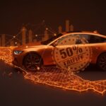 Arancel del 50% aplicado a autos chinos en México representado con coche moderno y símbolos de mercado automotriz en estilo editorial ecosistema startup.