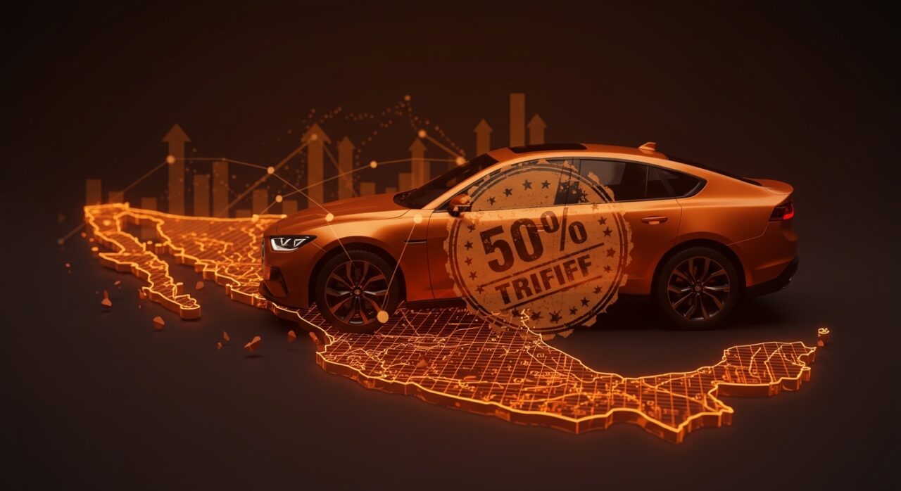 Arancel del 50% aplicado a autos chinos en México representado con coche moderno y símbolos de mercado automotriz en estilo editorial ecosistema startup.