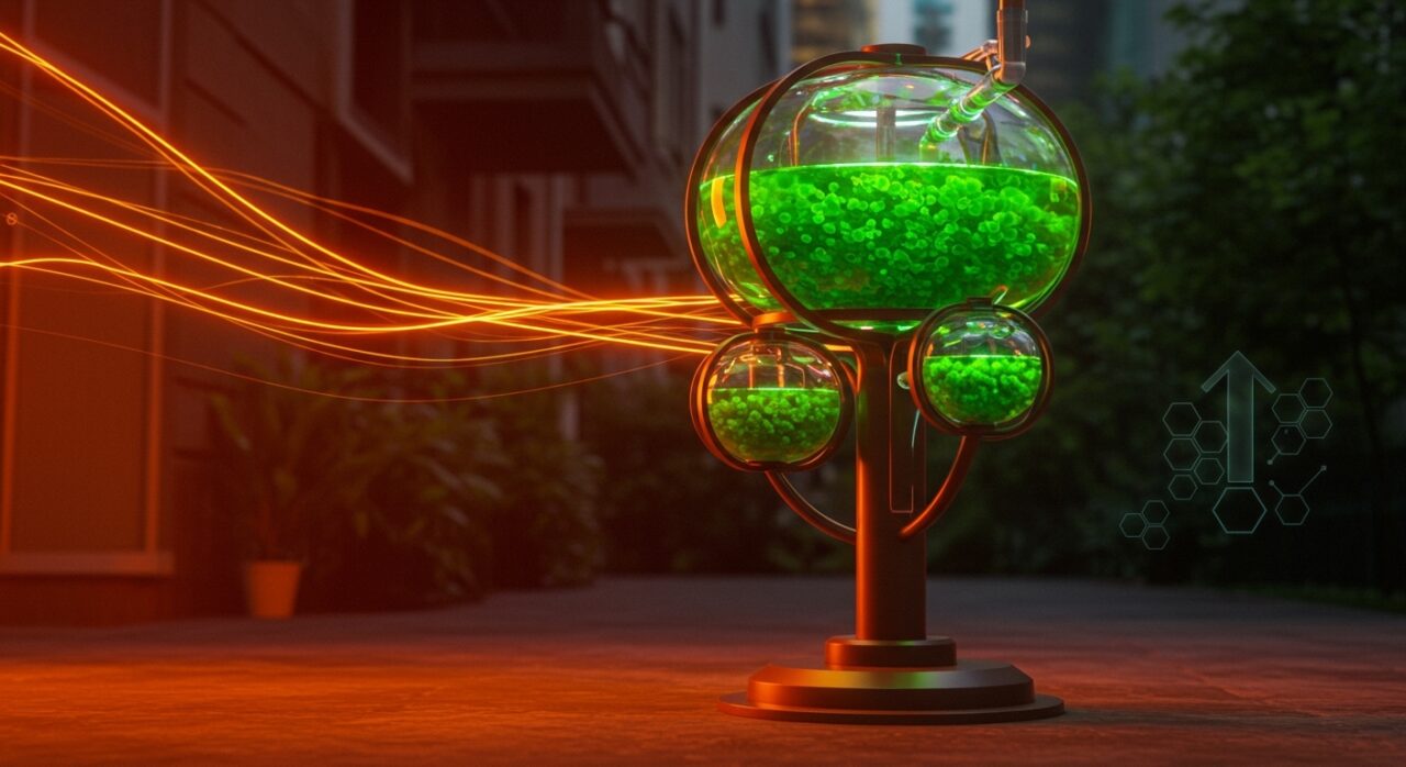 Fotobiorreactor urbano en forma de árbol líquido con microalgas que purifica el aire, destacando la tecnología verde para ciudades.