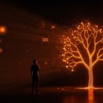 Árboles de decisión en machine learning representados por un diagrama digital iluminado en un tono naranja y negro, ilustrando IA explicable para startups tecnológicas.