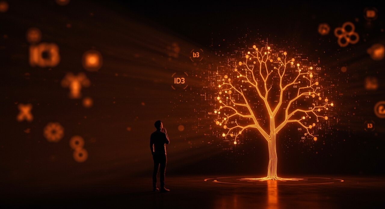 Árboles de decisión en machine learning representados por un diagrama digital iluminado en un tono naranja y negro, ilustrando IA explicable para startups tecnológicas.