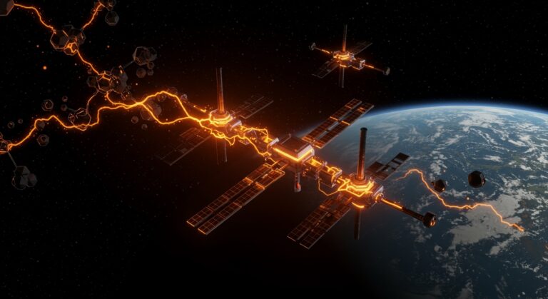 Instalación modular espacial de energía de Arbor Energy con turbinas Halcyon en tonos naranja y negro, apoyando la transición energética para centros de datos industriales.