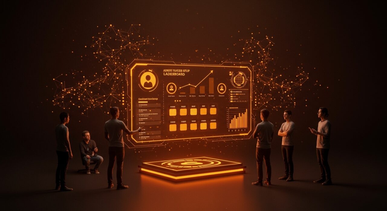 Leaderboard imparcial de inteligencia artificial en estilos naranja y negro mostrando transparencia y votación anónima para startups de IA.