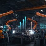 Automatización industrial avanzada con robots, soldadura láser y digitalización en un entorno factory, impulsando innovación y escalabilidad en startups tecnológicas.