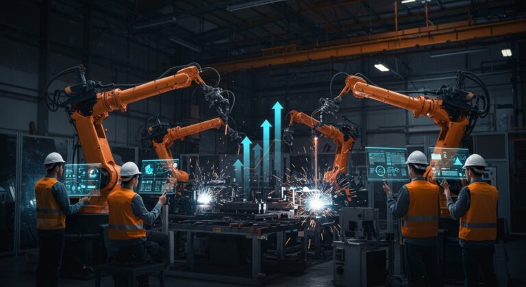 Automatización industrial avanzada con robots, soldadura láser y digitalización en un entorno factory, impulsando innovación y escalabilidad en startups tecnológicas.