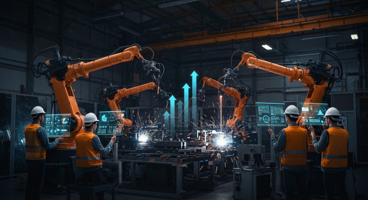 Automatización industrial avanzada con robots, soldadura láser y digitalización en un entorno factory, impulsando innovación y escalabilidad en startups tecnológicas.