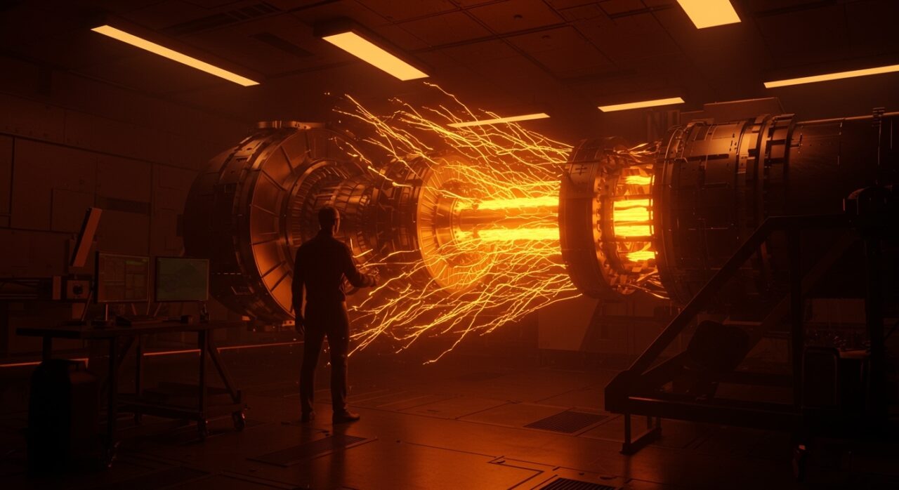 Sistema de propulsión espacial sostenible de Arkadia Space simbolizando innovación tecnológica y financiación startup en tecnología aeroespacial.