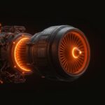 Motor de propulsión verde de Arkadia Space resaltado en tonos naranja y negro, simbolizando financiación europea e innovación en tecnología aeroespacial sostenible.