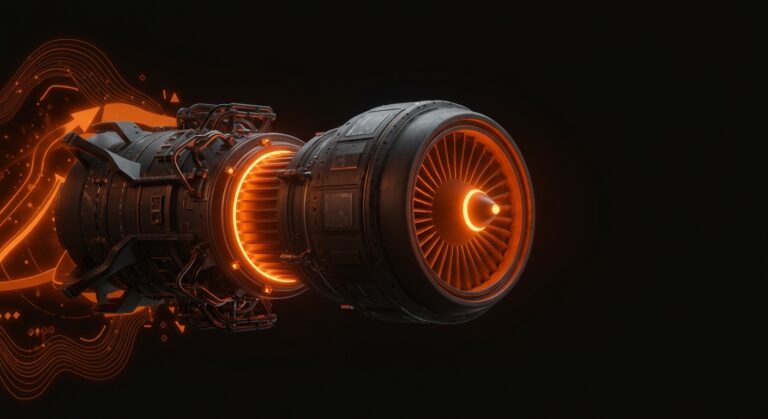 Motor de propulsión verde de Arkadia Space resaltado en tonos naranja y negro, simbolizando financiación europea e innovación en tecnología aeroespacial sostenible.
