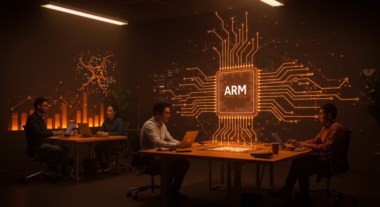 Innovadora infraestructura IA con ARM AGI CPU para startups tech en un espacio de trabajo futurista, destacando tecnología ARM y data centers.
